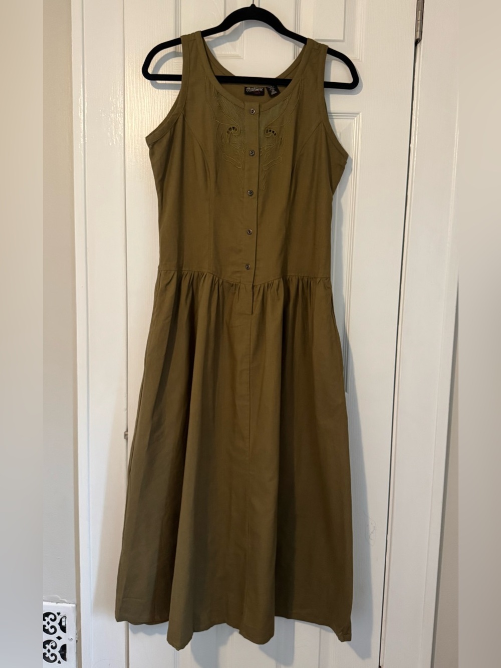 Vintage 90s Headliners Sport Olive Green Embroidered Mixi Dress Sz 12